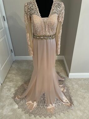 Angela & Alison Blush Lace Long-Sleeve Evening Gown with Beaded Waist